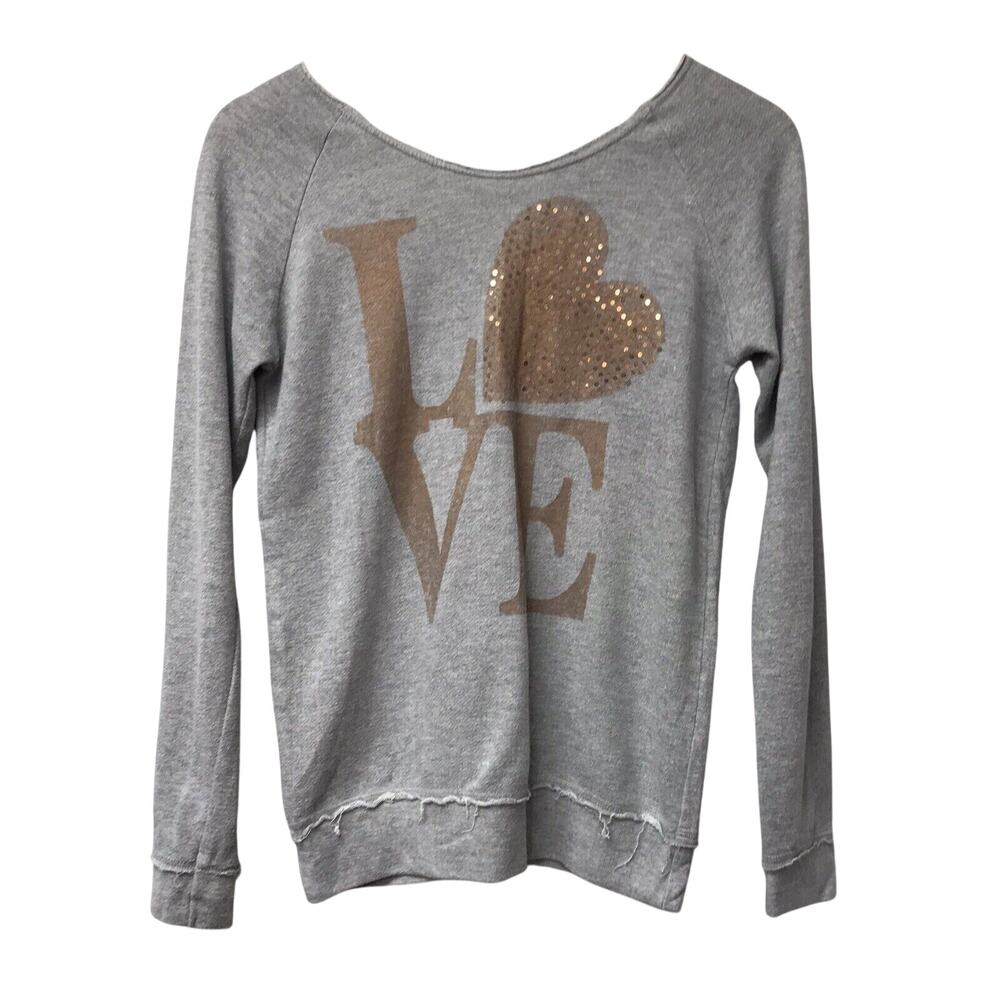 Wet Seal Sweat Shirt Womens Small Gray Brown Sequins LOVE Full Zip On Back